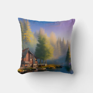 Log Cabin Retreat on the water Throw Pillow