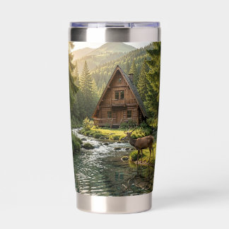 Log Cabin, River,  Mountains and Deer Insulated Tumbler