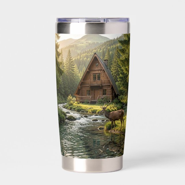 Log Cabin, River,  Mountains and Deer Insulated Tumbler (Front)