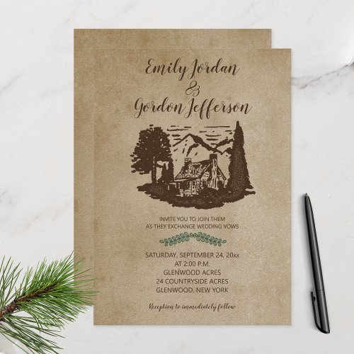 Log Cabin Rustic Outdoor Wedding Lodge Mountain  Invitation