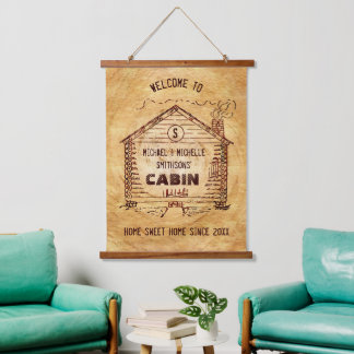 Log Cabin Rustic Wood Look | Personalized Welcome Hanging Tapestry