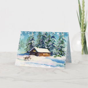 LOG CABIN & SNOWFLAKES by SHARON SHARPE Holiday Card