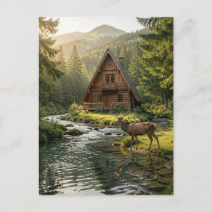 Log Cabin, Stream and Deer, Father's Day Postcard