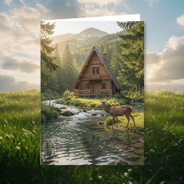 Log Cabin, Stream and Deer, Happy Birthday Dad Card (Creator Uploaded)