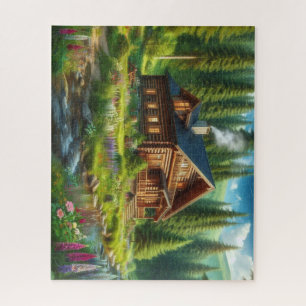 Log Cabin, Stream and Flowers in the Woods Jigsaw Puzzle
