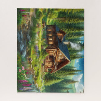 Log Cabin, Stream and Flowers in the Woods Jigsaw Puzzle