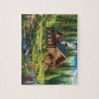 Log Cabin, Stream and Flowers in the Woods