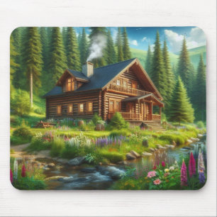 Log Cabin, Stream and Flowers in the Woods Mouse Pad