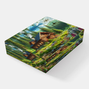 Log Cabin, Stream and Flowers in the Woods Paperweight