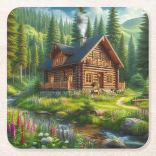 Log Cabin, Stream and Flowers in the Woods Square Paper Coaster