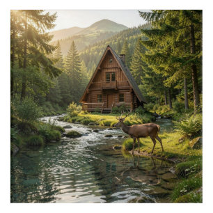 Log Cabin, Stream, Mountains and Deer Nature Art
