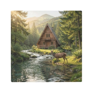 Log Cabin, Stream, Mountains and Deer Nature Art