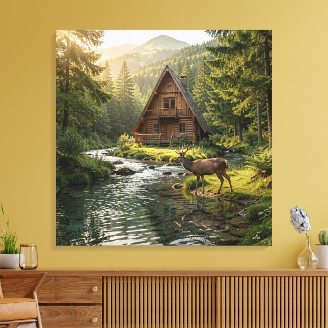 Log Cabin, Stream, Mountains and Deer Nature Art Canvas Print (Insitu(LivingRoom))