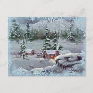LOG CABIN & SWNOWFLAKES by SHARON SHARPE Postcard