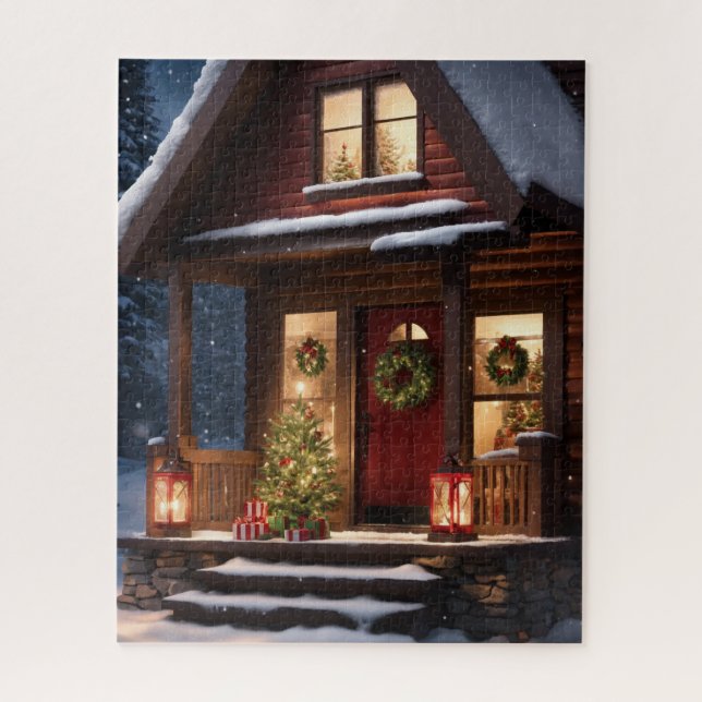  LOG CABIN WINTER CHRISTMAS JIGSAW PUZZLE (Vertical)