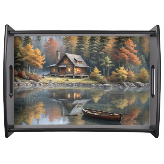 Log Cabin With Rowboat On a Lake Serving Tray (Front)