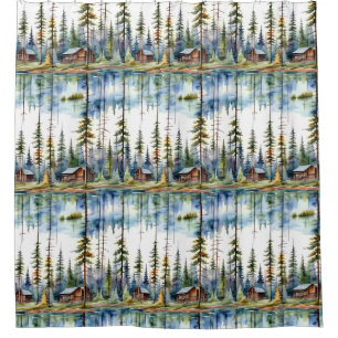 Log Cabins in the Forest Watercolor Nature Shower Curtain
