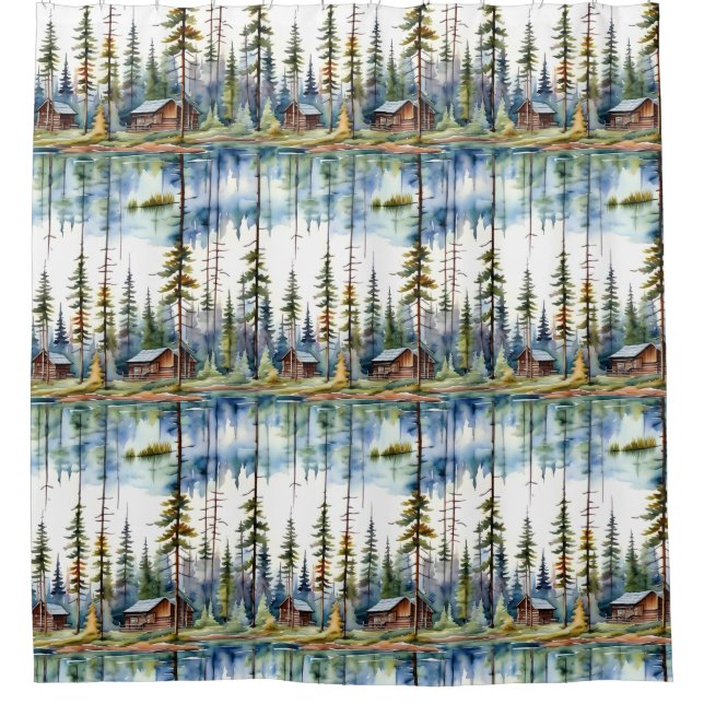 Log Cabins in the Forest Watercolor  Nature Shower Curtain (Front)