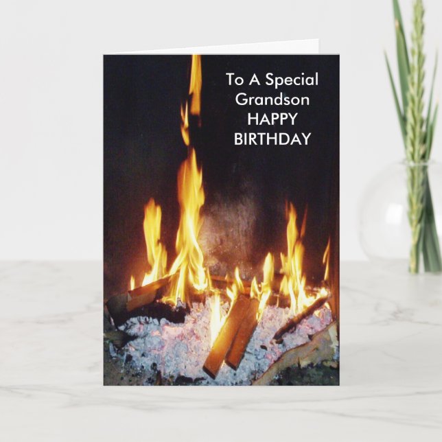 Log Fire Personalised Grandson Birthday Card (Front)