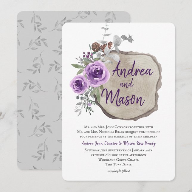 Log Slice Purple Rose and Eucalyptus Wedding Invitation (Front/Back)