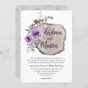 Log Slice Purple Rose and Eucalyptus Wedding Invitation