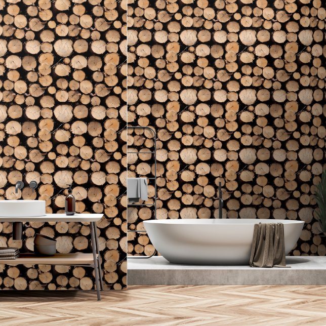 Log stack timber wood cabin seamless pattern wallpaper  (Bathroom)