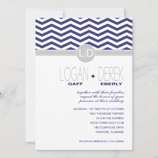 Logan Chevron | navy grey BASIC WHITE PAPER Invitation (Front)