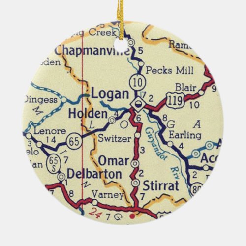 Logan WV Vintage Map Ceramic Ornament