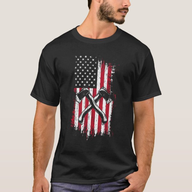 Logger Lumberjack American Flag Axe Throwing Hatch T-Shirt (Front)