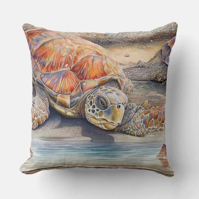 Loggerhead Sea Turtle Resting on a Beach Throw Pillow (Front)