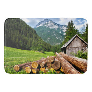 Logging Camp in the Forest with Mountains Bath Mat