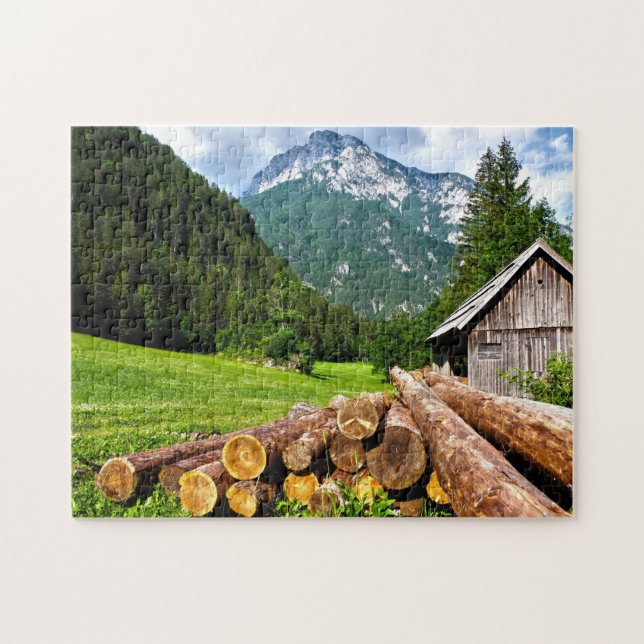 Logging Camp in the Forest with Mountains Jigsaw Puzzle (Horizontal)
