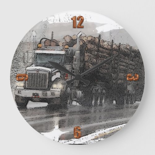 Logging Truck in the Rain Large Clock