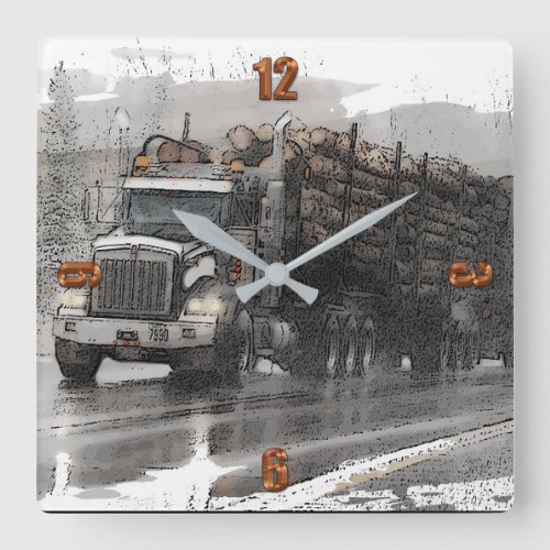 Logging Truck in the Rain Large Clock