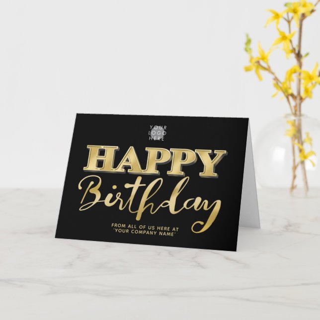 Logo 3d Gold Lettering Business Birthday Black Card (Yellow Flower)