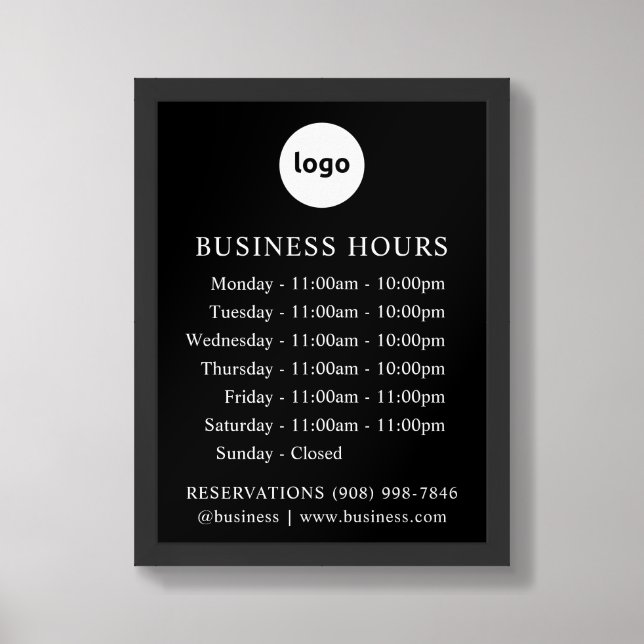 LOGO and Business Hours | Black | Framed Sign (Framed Front)