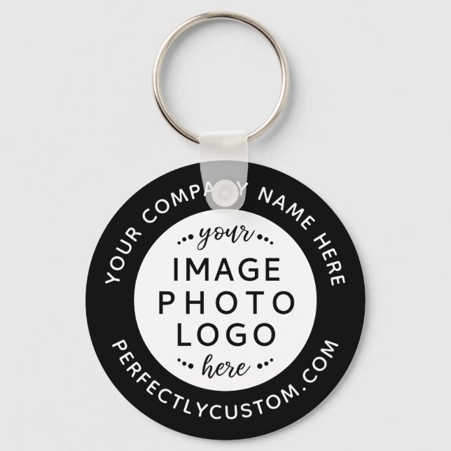 Logo and custom text black white round keychain (Front)