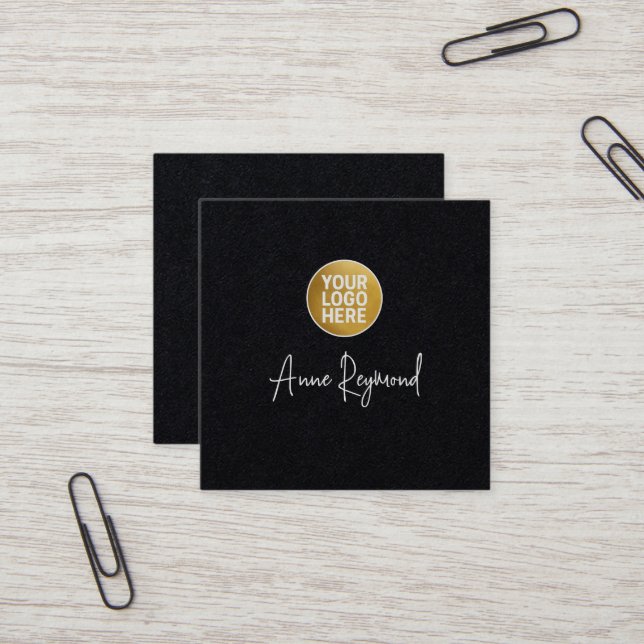 Logo and Script Name Premium Black Square Business Card (Front/Back In Situ)