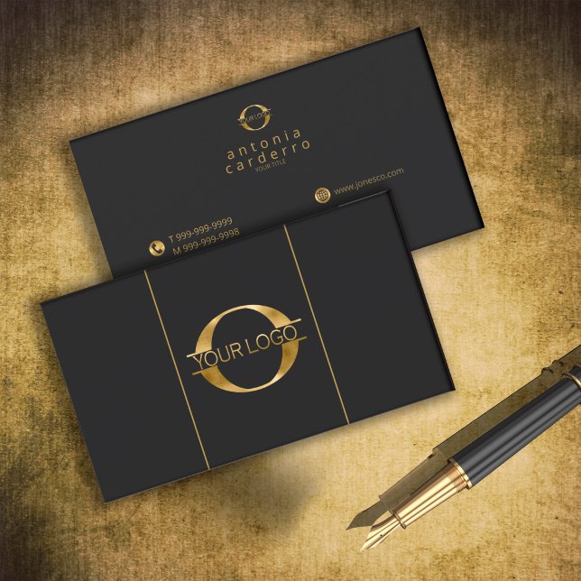 Logo and Social Media Icons Gold /Bk Hor ID810 Business Card (Creator Uploaded)