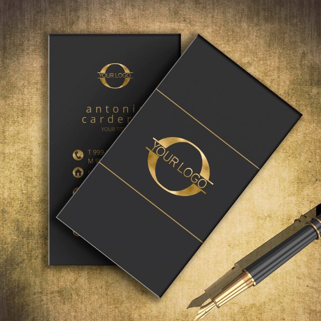 Logo and Social Media Icons Gold/Bk Vrt ID810 Business Card (Creator Uploaded)