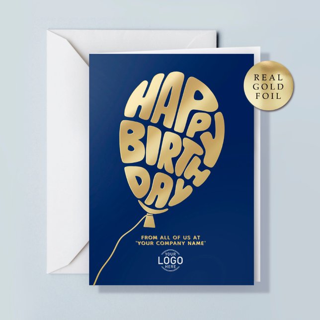 Logo Balloon Blue Business Gold Foil Birthday Card (Creator Uploaded)