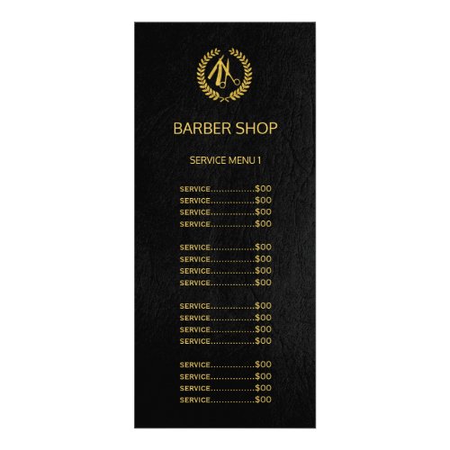 Logo barber shop gold black leather service menu