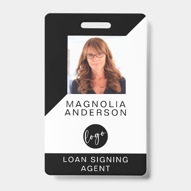 Logo Barcode Black White Modern Employee ID Badge (Front)