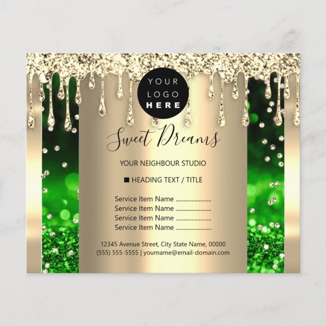 Logo Beauty Makeup Nails Price List Gold Green Flyer (Front)
