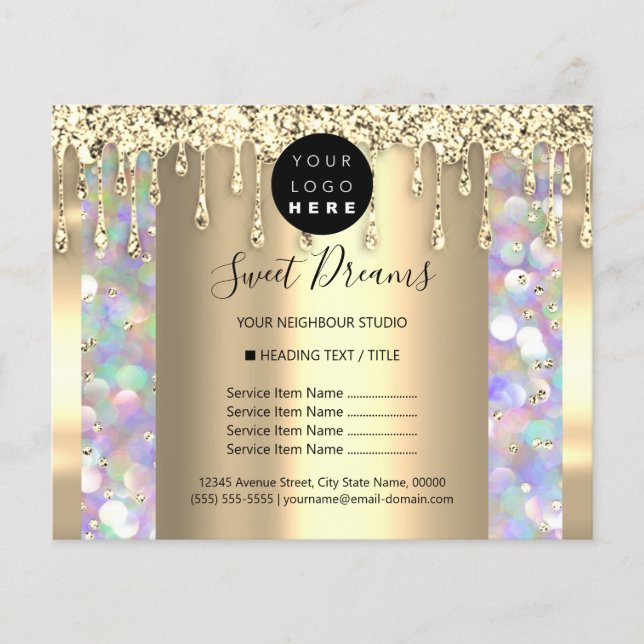 Logo Beauty Makeup Nails Price List Golden Drips Flyer (Front)