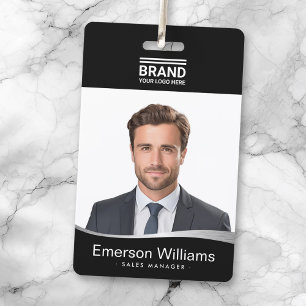 Logo black faux silver wave employee name id badge