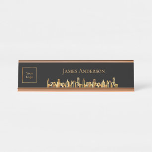 Logo black gold city skyline business real estate desk name plate