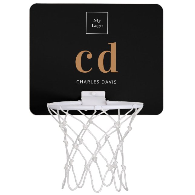Logo black gold monogram initials name business mini basketball hoop (Front)