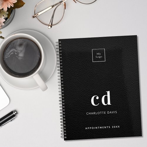 Logo black leather monogram initials business 2025 planner