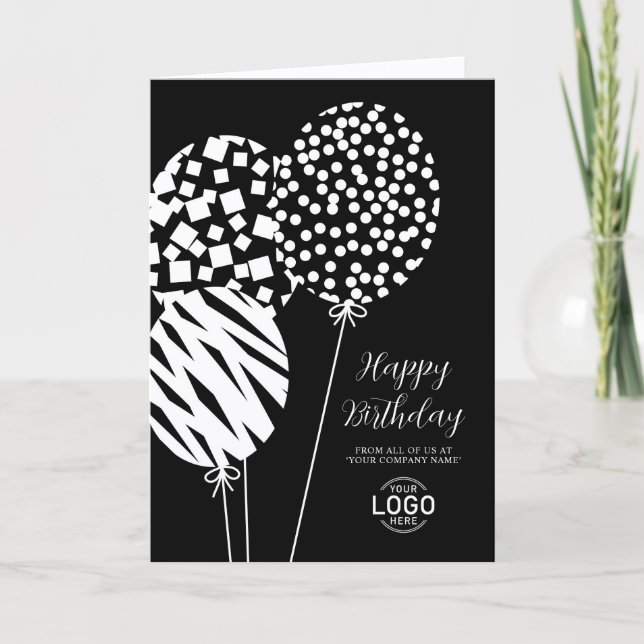 Logo Black White Balloons Corporate Birthday Card (Front)